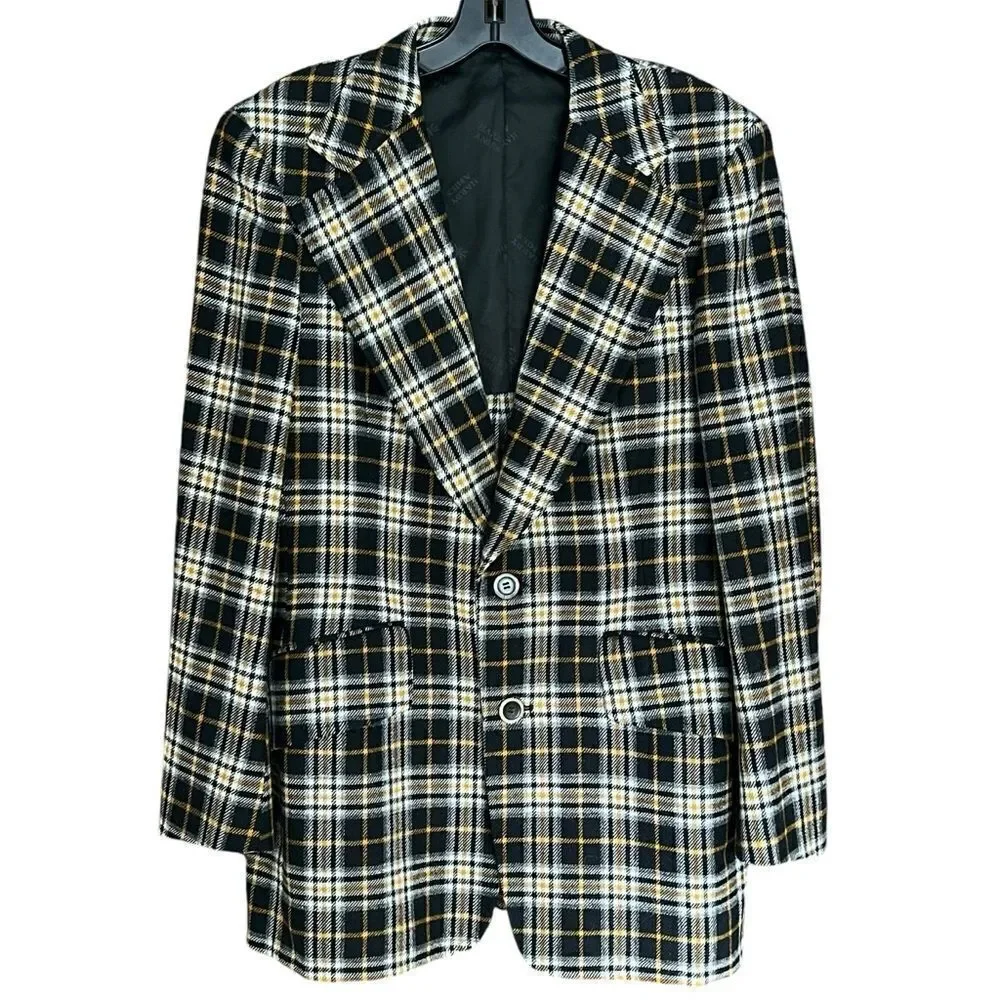 Hardy Amies of London Blazer Sport Coat. Plaid black/gray/gold/white. Sz 42R